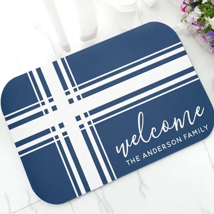Classic Navy Blue White Plaid Stripes Personalised Welcome Doormat Trendy Blue Door Mat Rug Carpet Family Couple Bathroom Mats Mat Aliexpress