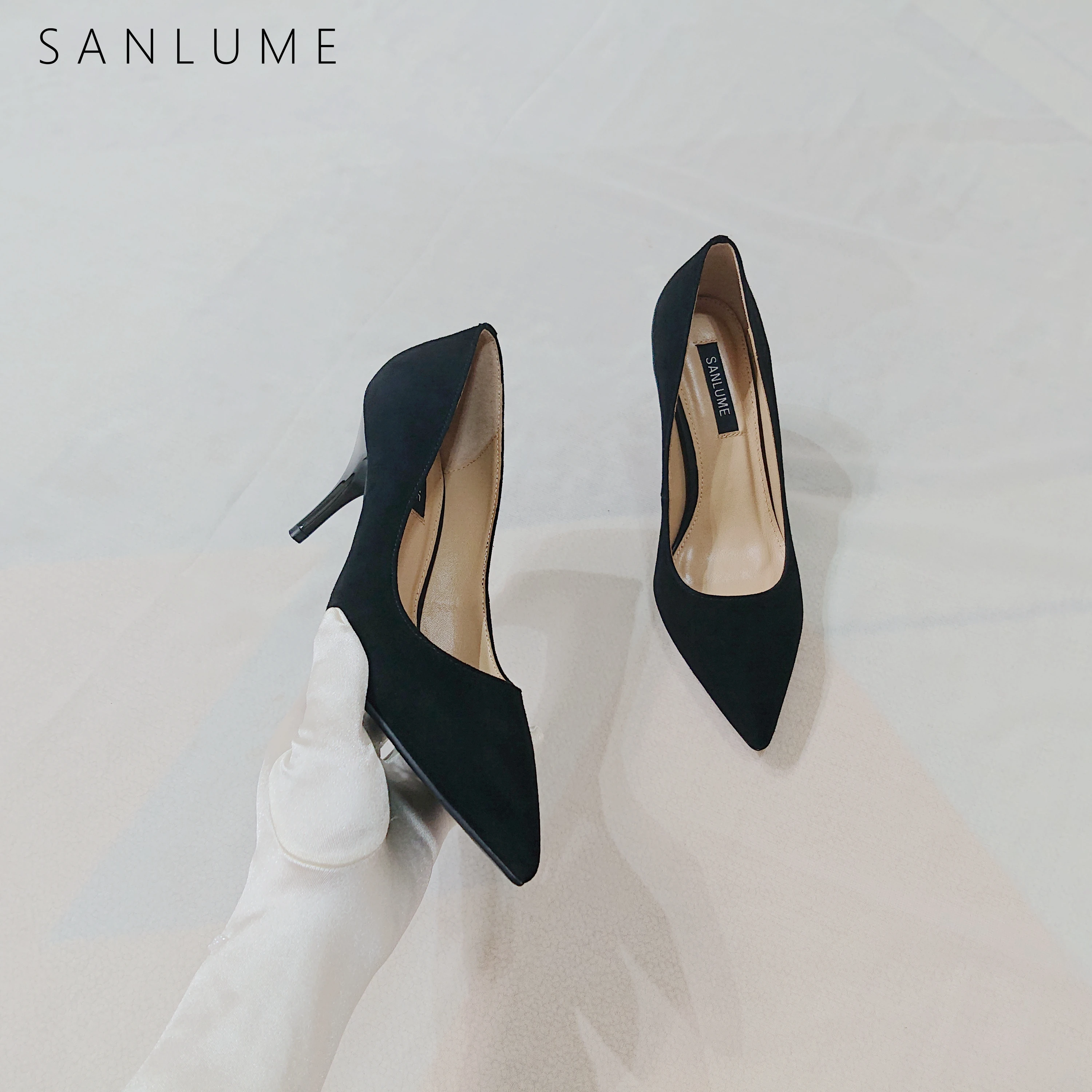 SANLUME black genuine leather pumps women shoes high heels ladies