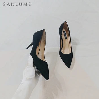 

SANLUME black genuine leather pumps women shoes high heels ladies sandals slip on comfortable elegant office shoes pointed toe