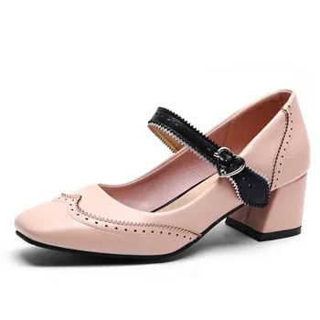 

Women Shoes 2020 Pumps Spring Mary Jane Comfortable Thick Heels Shoes Female Buckle Square Toe Pink Yellow Big Size 45 46 47 48
