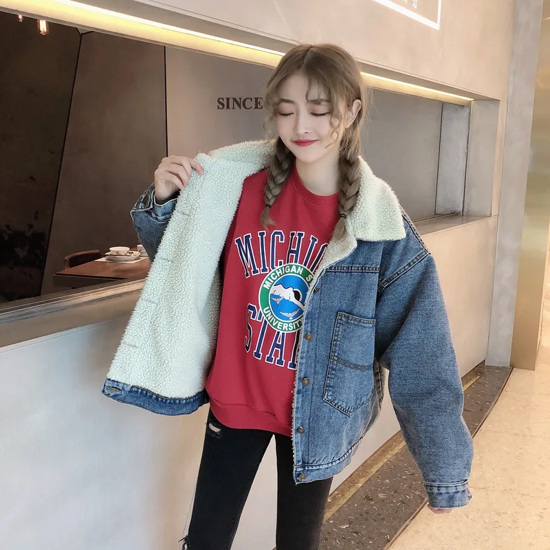 

Photo Shoot 2019 New Style Students Retro Lambs Wool Loose-Fit Korean-style Fold-down Collar Cowboy Brushed And Thick Coat Women