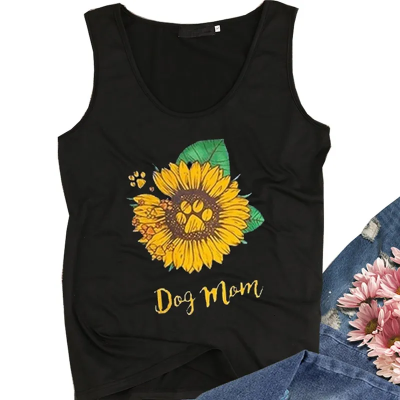 

Dog Mom Tank Top Cute Sunflower Graphic Tees Women Casual Round Neck Sleeveless Summer T-shirts Black T shirt Female Tanks