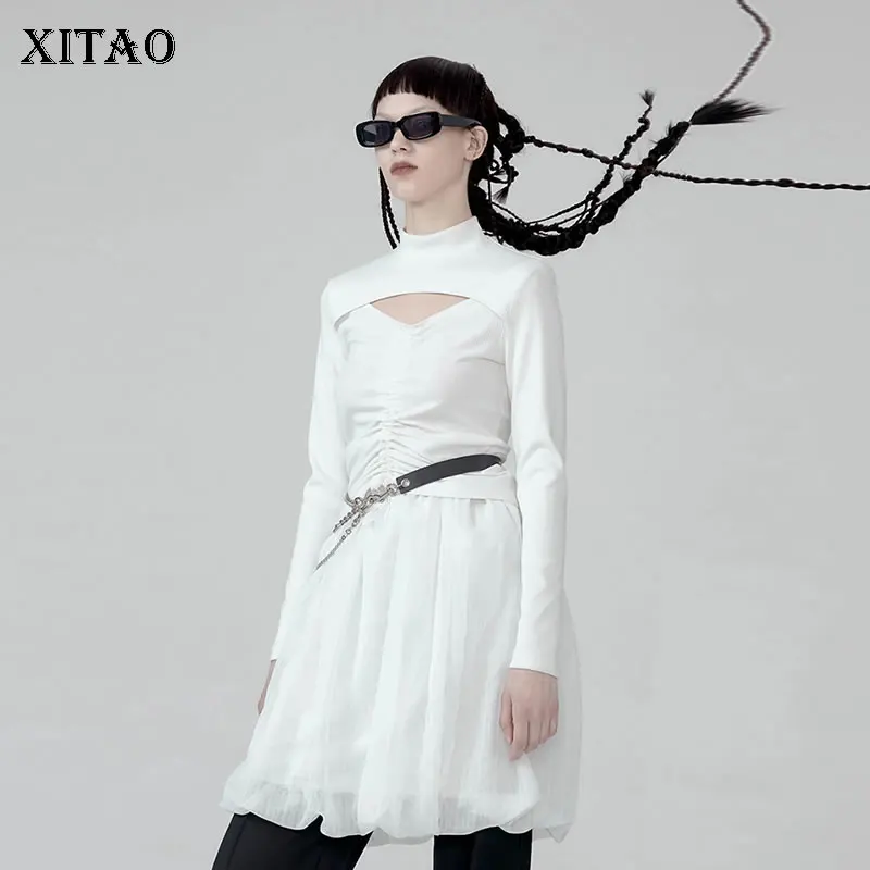 

XITAO Niche Style White Hollow Out Drawstring Full Sleeve Knitting Sense of Design T Shirt 2020 Spring Summer Women Tee DMY4105