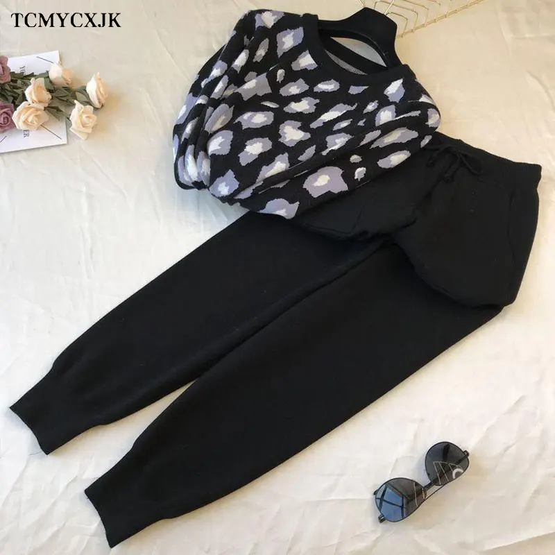 2022 Spring Streetwear Leopard Printed Knit Two Peice Set Women Long Sleeve O-Neck Sweater Tops + Harem Pants Casual Tracksuit blazer and pants set