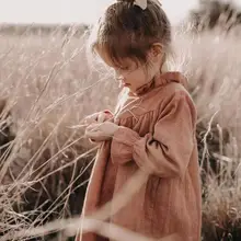 Платье с оборками в Корейском стиле для девочек модные осенние платья из хлопка и льна для девочек 1-7 лет PQ418