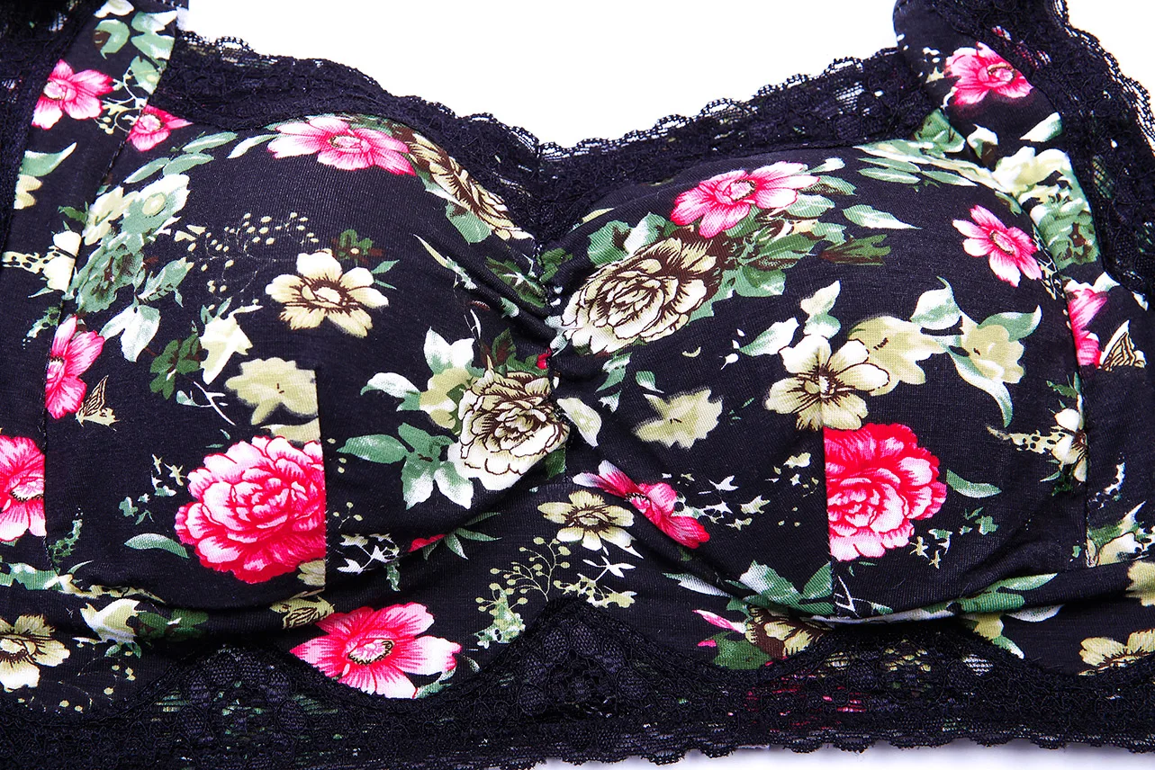 Women's Lace Lightly Padded Flower print Comfort Cotton Wire-Free Plus Size Bra 75 80 85 90 95 100 B C D