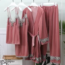 Четыре предмета пижамы для женщин халат ночная рубашка сексуальное кружевное платье Ночная рубашка теплая ночная рубашка Золотая Бархатная Домашняя Одежда Loungewear