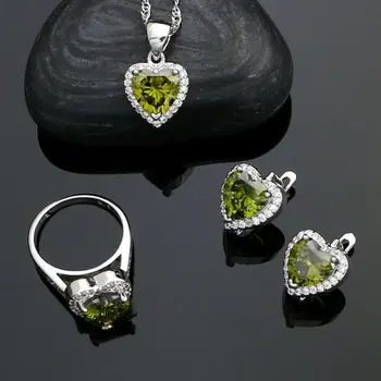 

Heart Shaped 925 Silver Jewelry Sets For Women Party Olive Green Stone White Crystal Earrings Ring Necklace Pendant