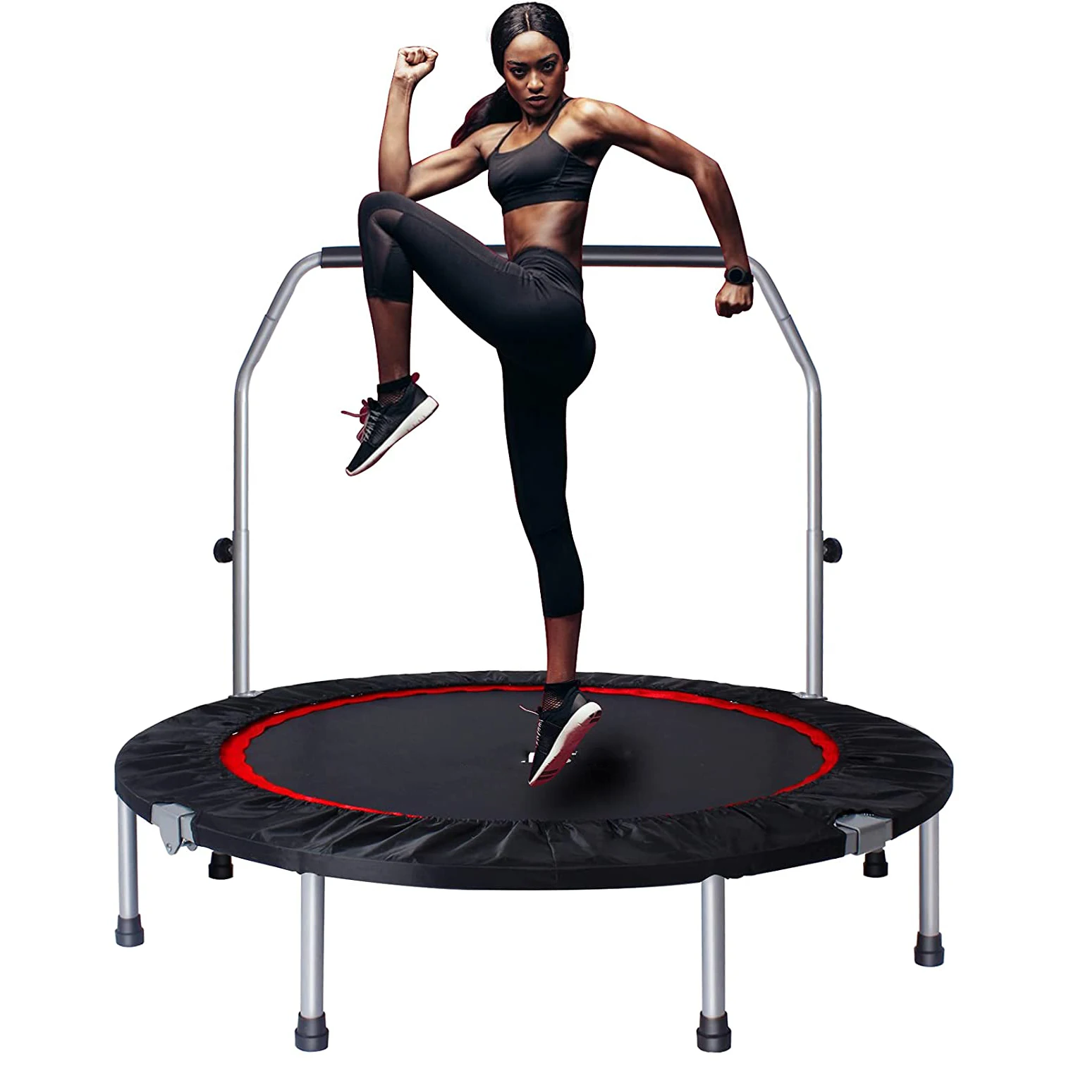 Trampolines plegables de fitness de 48 pulgadas con pasamanos de espuma de  4 niveles de alturas ajustables, trampolín de salto para niños y adultos en