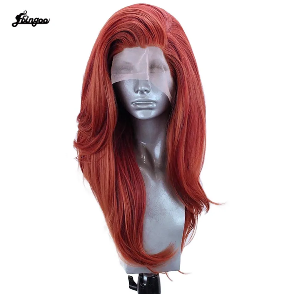 

ã€Ebingooã€‘ Free Part Long Natural Wave Heat Resistant Fiber Copper Red Yellow Synthetic Lace Front Wig Hair for Women
