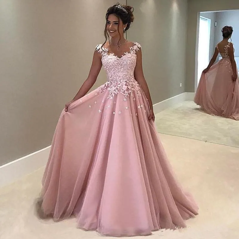 2020 Vintage Blush Roze Jewel Prom Dresses Lange See Through Terug Een Lijn Avond Formele Kleding Pageant Homecoming Jurken Custom 2020 Vintage Blush Roze Jewel Prom Dresses Lange See Through Terug Een Lijn Avond Formele Kleding Pageant Homecoming Jurken Custom