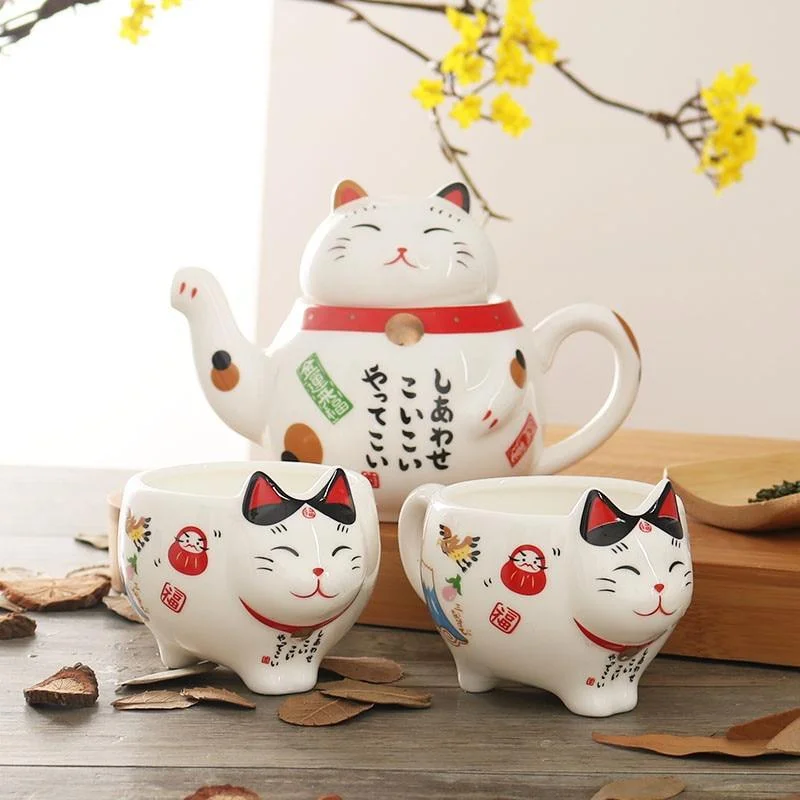 Porcelain Tea Set Japanese Lucky Cat Teapots Creative Maneki Neko Ceramic Cup Kettle with Strainer Office Teapot Water Mug | Дом и сад