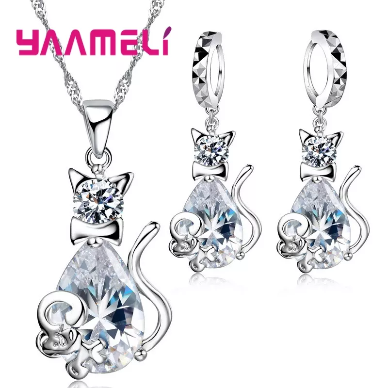Lovely Christmas Birthday Gift for Girls 925 Sterling Silver Shining Cubic Zircon Cute Cat Pendant Necklace Earrings Jewelry Set