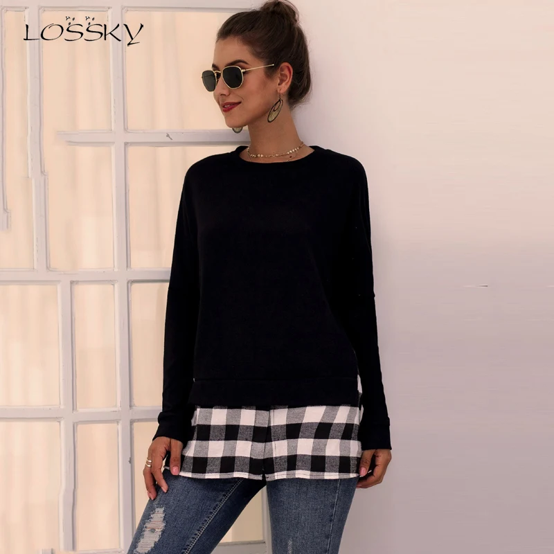 

Lossky T Shirt Women Vogue Plaid Stitching Autumn Long Sleeve Knitted Tee Shirt Tops Casual Ladies Black Clothes Femme Fall 2019