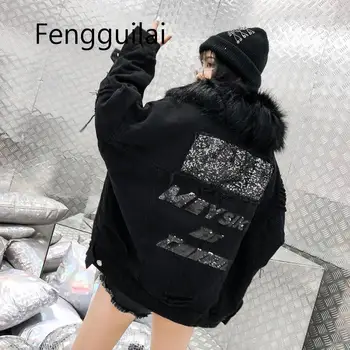 

Black 2020 Winter Denim Jacket Women Soft Fur Liner Jeans Jacket Fur Collar Outwear Vintage Plus Size Loose Thick Warm Jean Coat