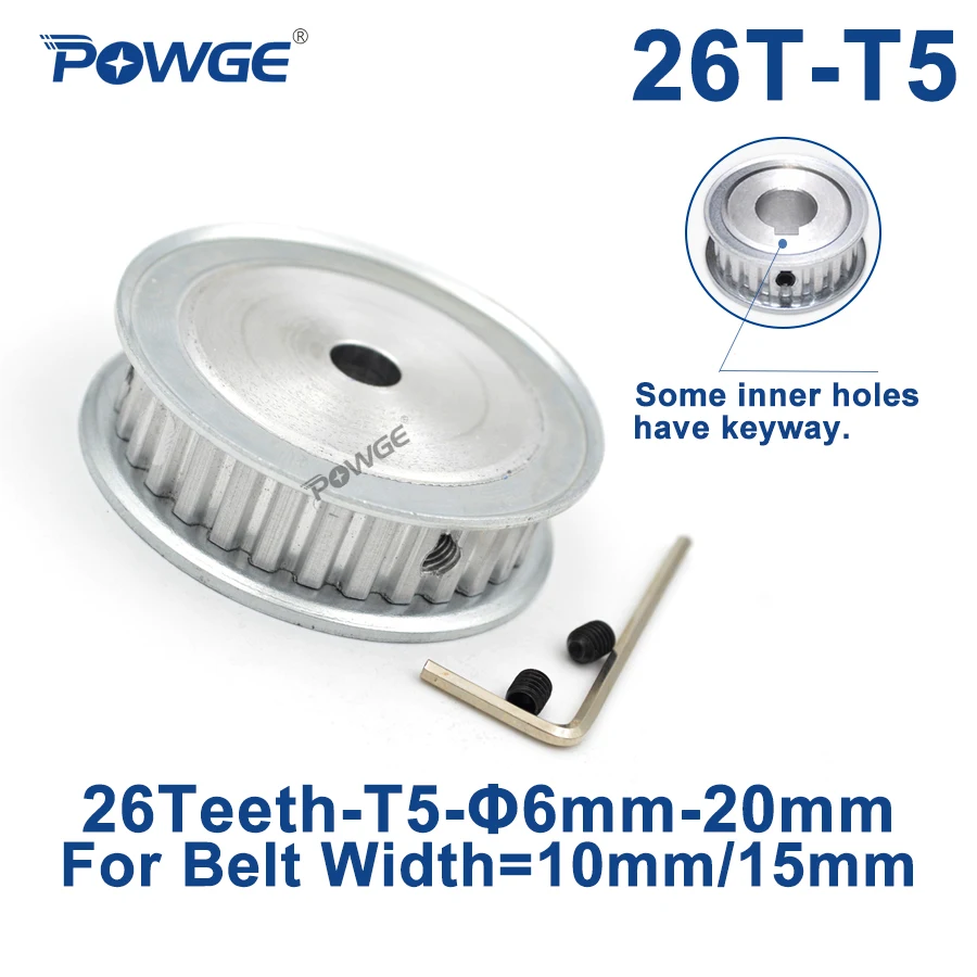 POWGE 26 Teeth T5 Timing Synchronous pulley Bore 6/8/10/12/14/15mm for belt width 10/15mm Gear 26-T5-15 AF Wheel 26teeth 26T |