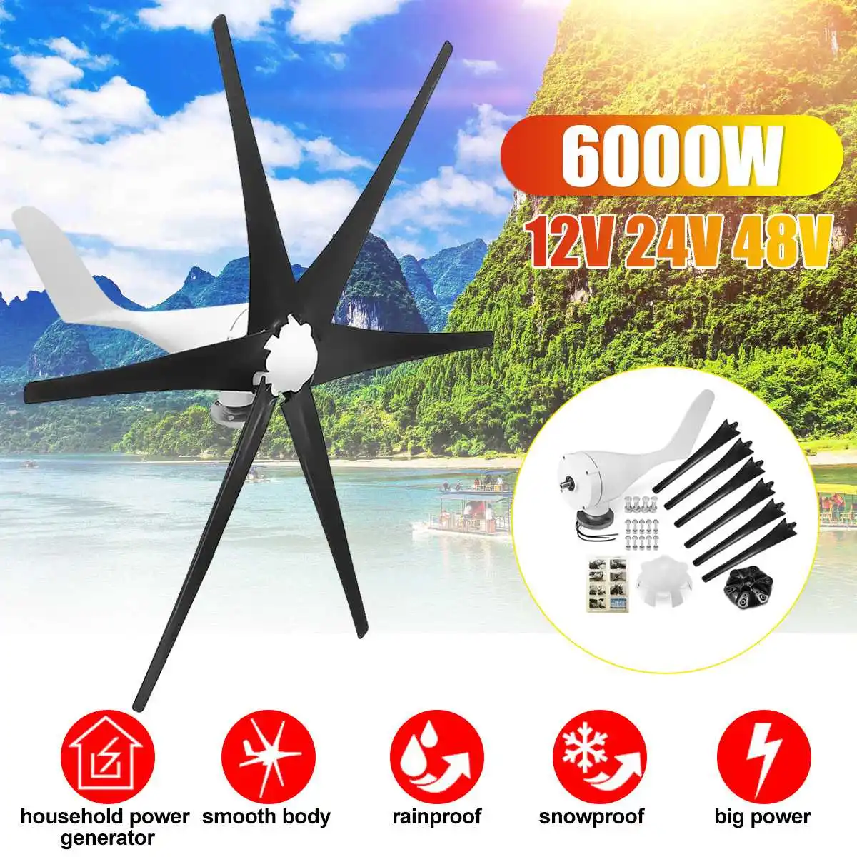 

6000W 12V/24V/48V Black 6 Blades Wind TurbineS Generator Horizontal Power Windmill Energy TurbineS Charge Fit for Home Camping