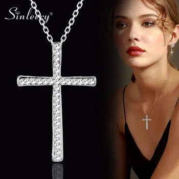 SINLEERY Silver Color Rhinestone Cross Pendant Necklace Chain For Women And Girl Choker Free Shipping XL402 SSH