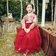 Корейская традиционная одежда для маленьких девочек; Азиатская мода; повседневные топы с цветочным принтом и бантом; кружевное платье с вышивкой для детей