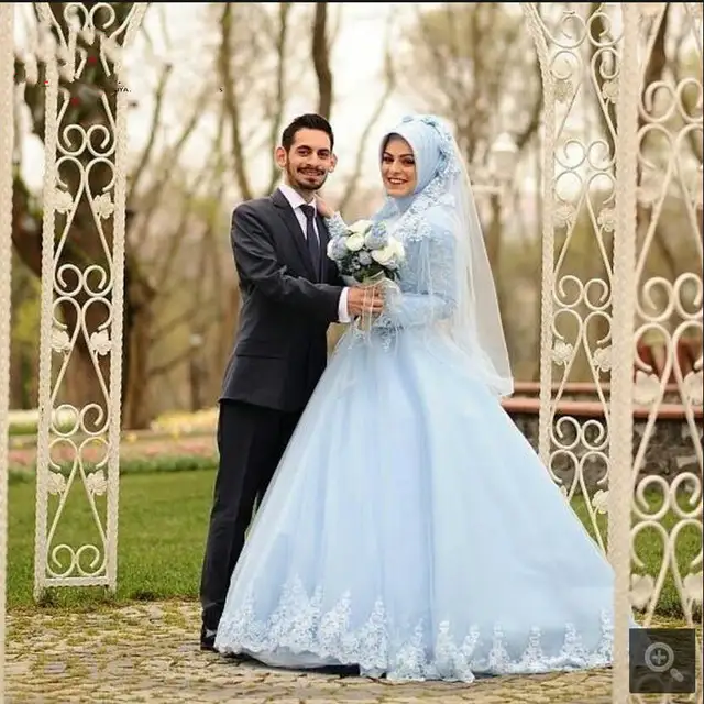 Online Shop Arabic Muslim Wedding Dresses Hijab 2020 Light Blue Lace Appliques Long Sleeve Ball Gown Bridal Gowns Robe De Mariage Aliexpress Mobile En Title