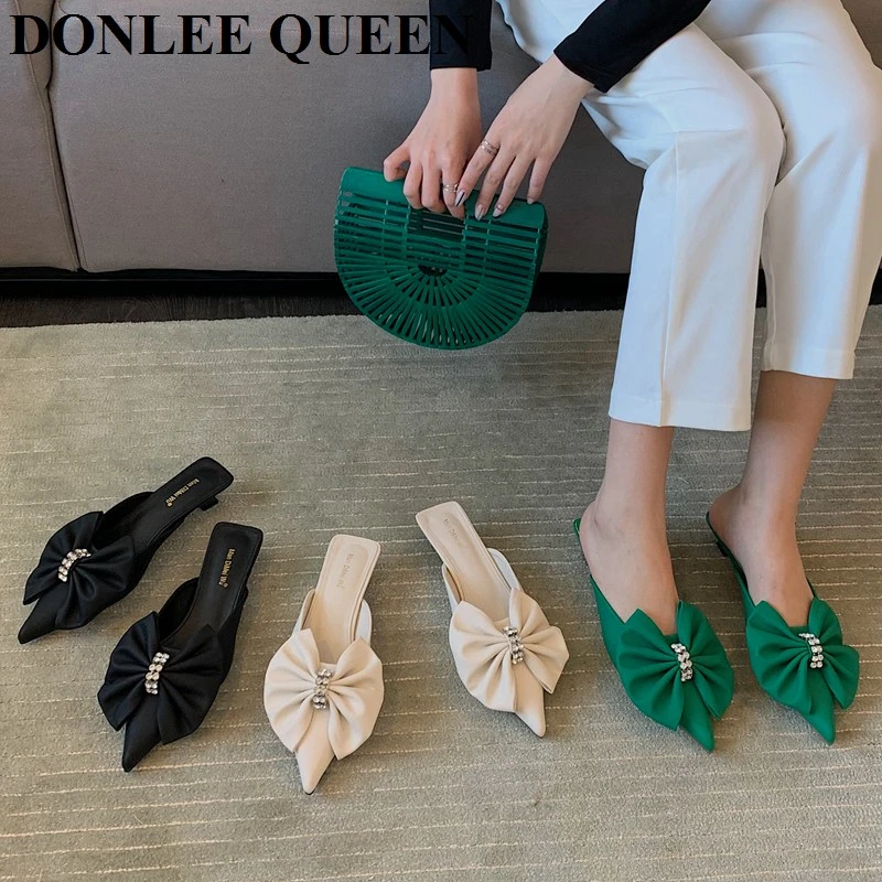 Zapatillas verdes marca para Mujer, chanclas puntiagudas de tacón bajo, zapatos con lazo de mariposa, sandalias - AliExpress