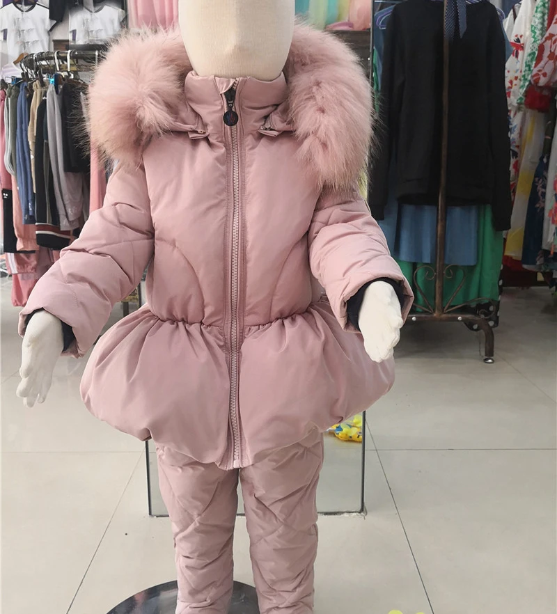 Г. Зимняя куртка с натуральным мехом енота Детский костюм, куртка+ штаны, костюм-двойка лыжные костюмы для мальчиков и девочек Детский пуховик, верхняя одежда, парка
