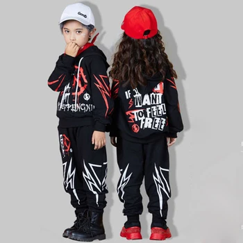 

Hip Hop Dance Costumes Boys Girls Stage Performance Clothes Street Dancing Outfit Modern Black Long Sleeve Top Pants DNV12558
