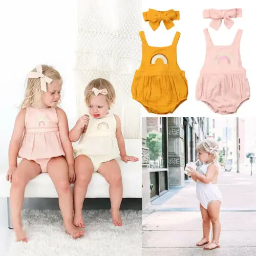 Newborn Baby Girl Embroidery Rainbow Romper Backless Jumpsuit Headband Soft Cotton Outfit Set Clothes Summer Linen Vestidos