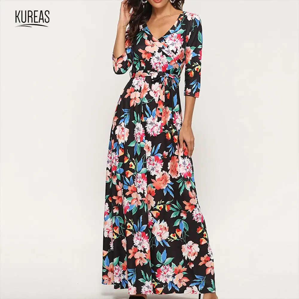 

Kureas Floral Printed Dress Women Fashion V Neck Maxi Dresses Half Sleeve Casual A Line Boho Cross Breasted with Waistband