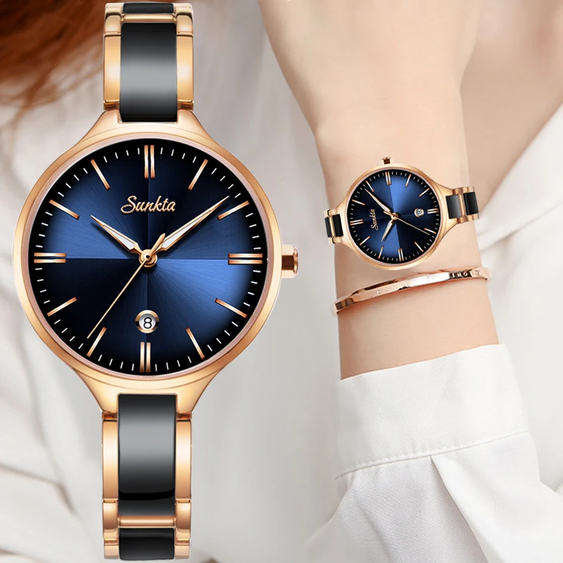 SUNKTA Blue Surface Ceramic Strap Watch Fashion Waterproof Women Watches Top Brand Luxury Quartz Watch Women Relogio Feminino