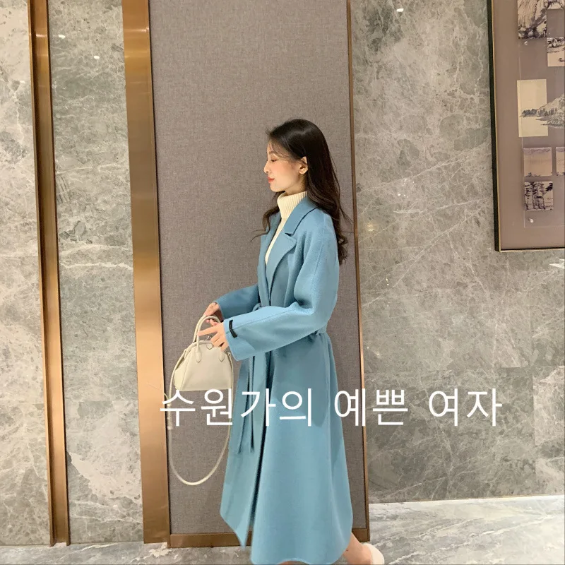 Autumn winter new water ripple wool coat female double-sided hand-stitched wool coat red jacket plus long loose type one size