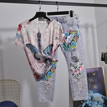 

2020 Summer Women Beading Vintage Ice silk Print Loose Short sleeve T shirt + Holes Jeans Two Piece Set Women Streetwear H165