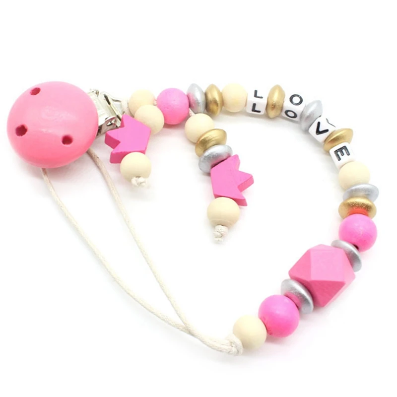 1PCS Wood Silicone Beads Baby Pacifier Clips Chain Nipple Pacifier Chain Holder Letter Charms Teether Toys Anti-Drop Chains