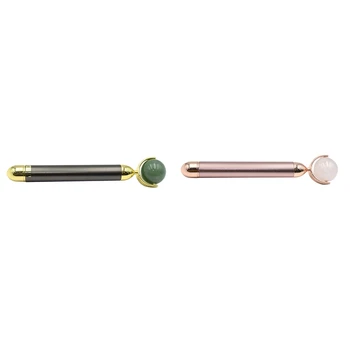 

2 Pcs Electric Jade Roller Slimming Face Massage Lifting Jade Stone Facial Beauty Tool-Gray Green Tanglin & Pink Crystal
