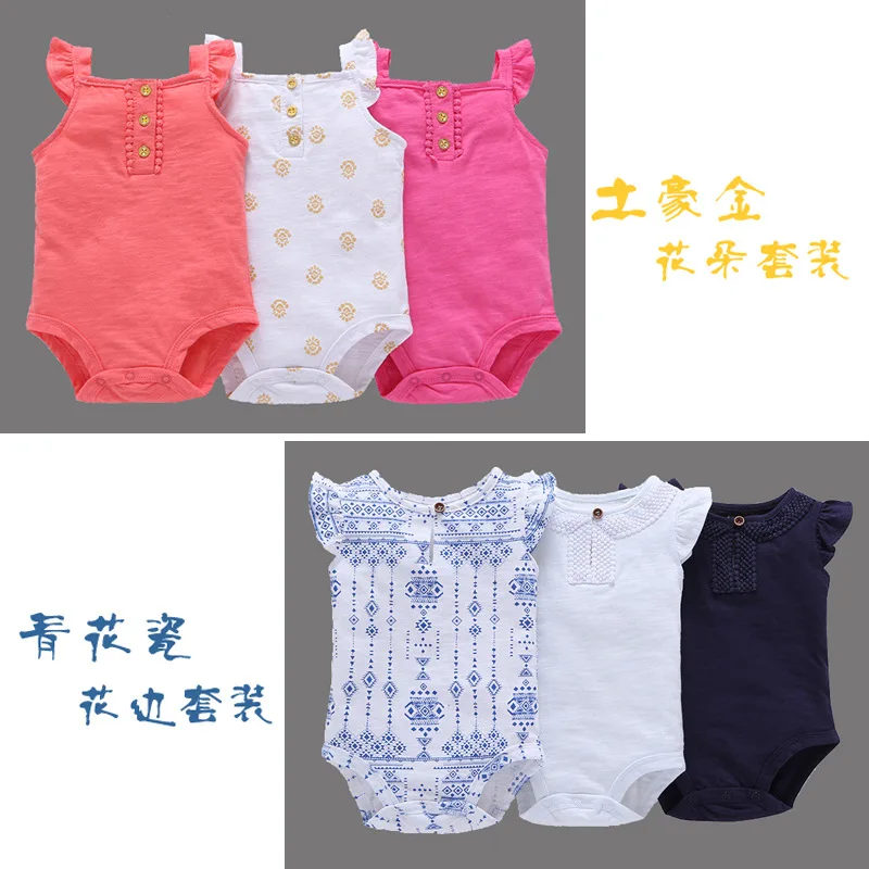 

Summer Girls Infant Clothing Pure Cotton Small Fly One-piece Romper Cute Glorious Blue And White Porcelain Set T0016