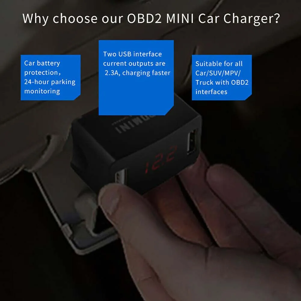 Автомобильное зарядное устройство OBD с 2 USB портами и светодиодным дисплеем 12/24