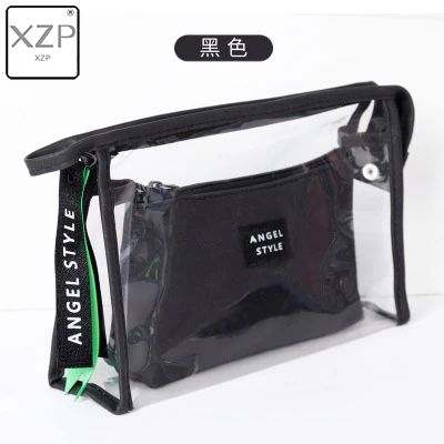 Черный XZP ПВХ прозрачный Soild косметичка 2 шт./компл. PU дорожная сумка для макияжа туалетный контейнер для еды женская сумка для девочек - Цвет: Черный