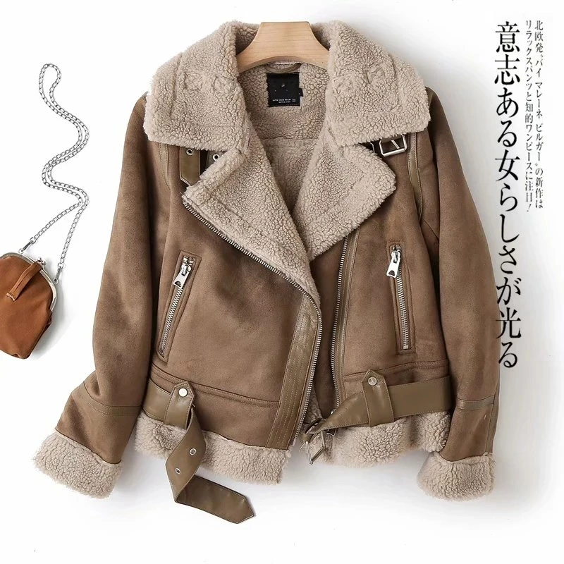 Motorfiets Bruin Lederen Jassen Winter Lady Faux Shearling Schapenvacht Nep Lederen Jassen Vrouwen Dikke Warme Suede Lammeren|Leer & Suede| - AliExpress