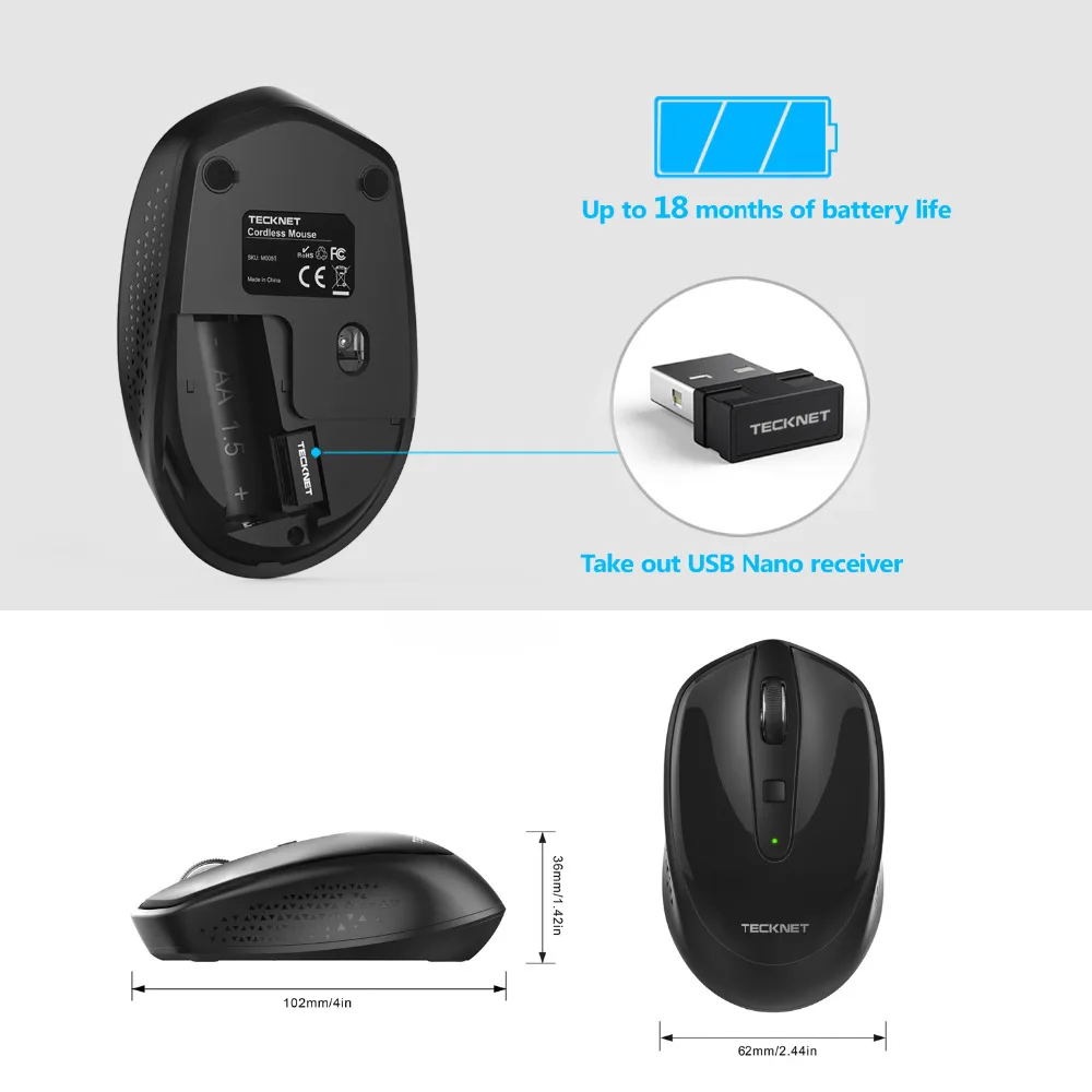TeckNet Omni Бесшумная беспроводная мышь 2000 dpi 1500 dpi 2,4 GHz приемник оптическая компьютерная мышь эргономичная мышь для ноутбука ПК