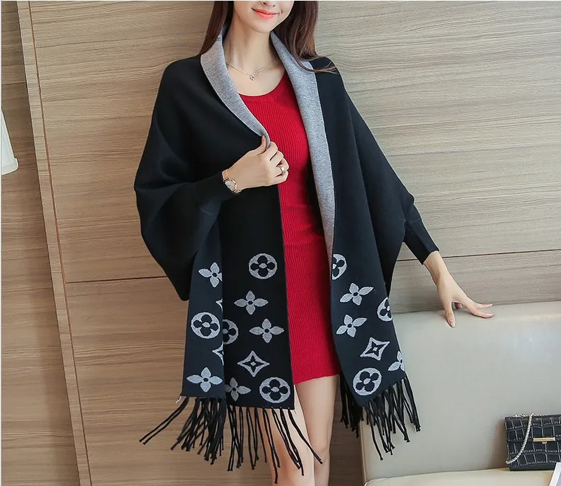 Black grey Вязаный длинный женский кардиган с бахромой, пальто осень/зима, плащ, шаль, кардиган для женщин - Цвет: Black grey