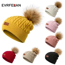 Evrfelan Winter Pompom Beanies Hat Women Knitted Skullies Hat Female Casual Women's Cap Solid Color Beanie Hat Adult Cap