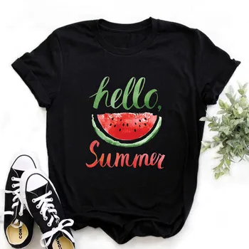 

Women Hello Summer Watermelon Harajuku Black T Shirt Female Summer Short Sleeve T-shirt Girl Vogue Tops Tee