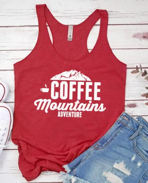 wine red -white text Жилет кофейные горы Adventure Tank топы Стильный лозунг письмо Горы Печатные Racerback топы Кемпинг гранж жилет нижняя рубашка - Цвет: wine red -white text