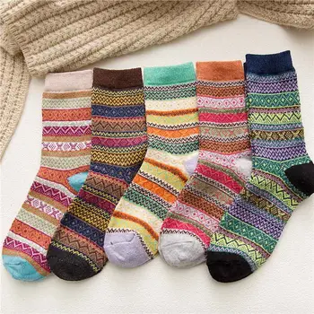 

1 Pairs Men Women Vintage Striped Totem Winter Socks Teenager Merino Wool Socks Rabbit Wool Thick Thermal Socks Art For Male