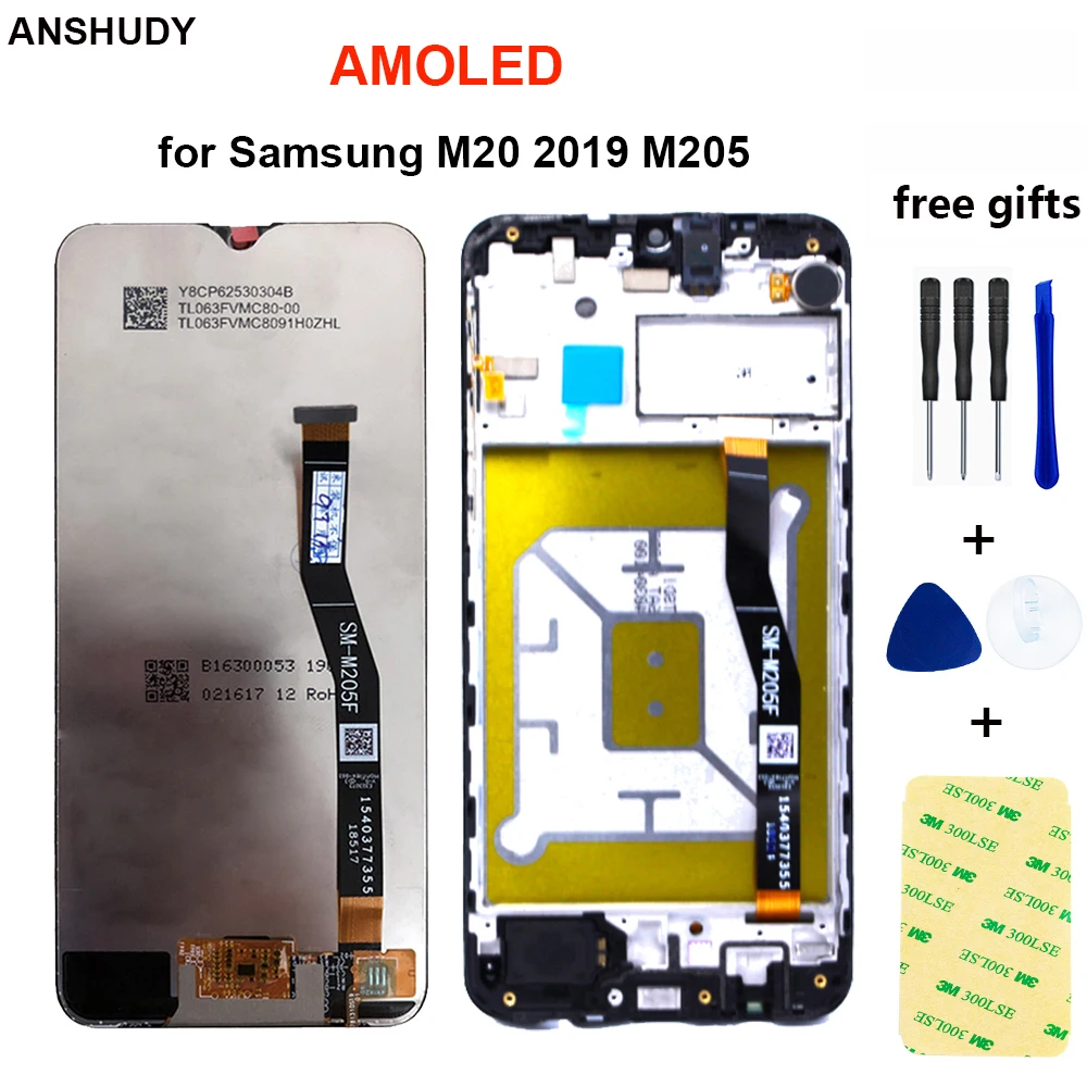 

AMOLED For SAMSUNG Galaxy M20 2019 SM-M205 M205F LCD Display Touch Screen Digitizer Assembly replacement parts Free Shipping