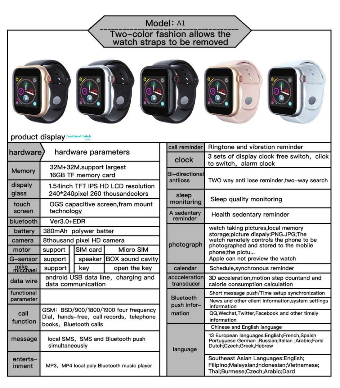 Apple watch, Android A1, для смартфона, часы для мужчин и женщин, умные часы, Поддержка 2G, SIM, TF карта, с видеопроигрывателем, часы для детей A1, часы