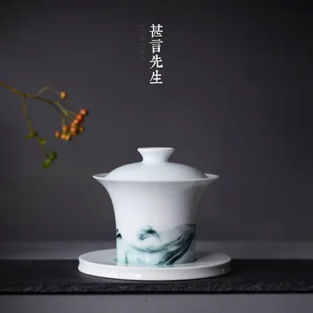

Jindezhen Pure Manual Tureen Teacup White Porcelain Kung Fu Tea Have Teacup Chinese Ink Landscape Eggshell Three Talents Tureen