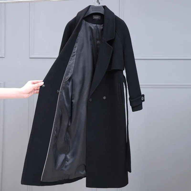 black Черное шерстяное пальто женская одежда осень зима модная женская куртка свободный пояс длинное пальто женское повседневное шерстяное пальто V892 - Цвет: black