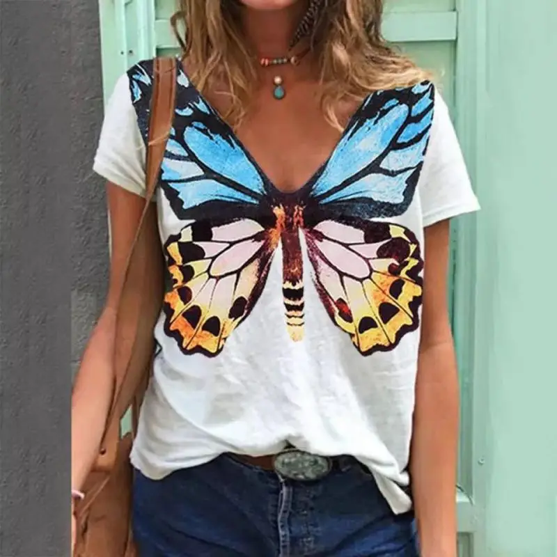 Tops con estampado informal para mujer, camisetas con cuello en V de mariposa, ropa de talla grande, camiseta de manga corta para mujer 2021