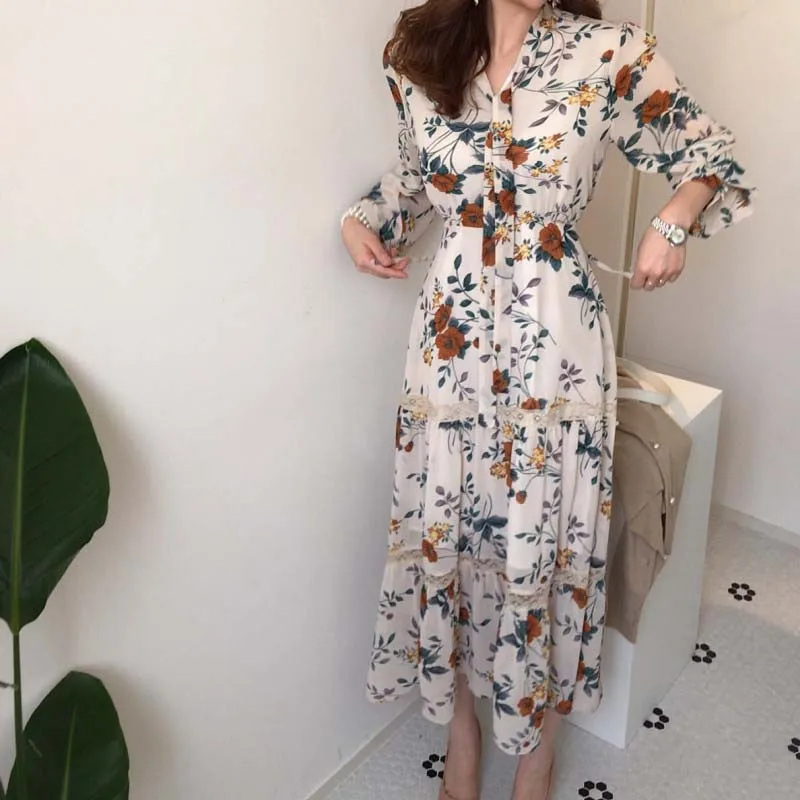 

2020 New Explosive Casual Long Sleeve Boho Floral Print Maxi Dress Bandage Elegant Dresses Vestido Chic retro Women Summer Dress